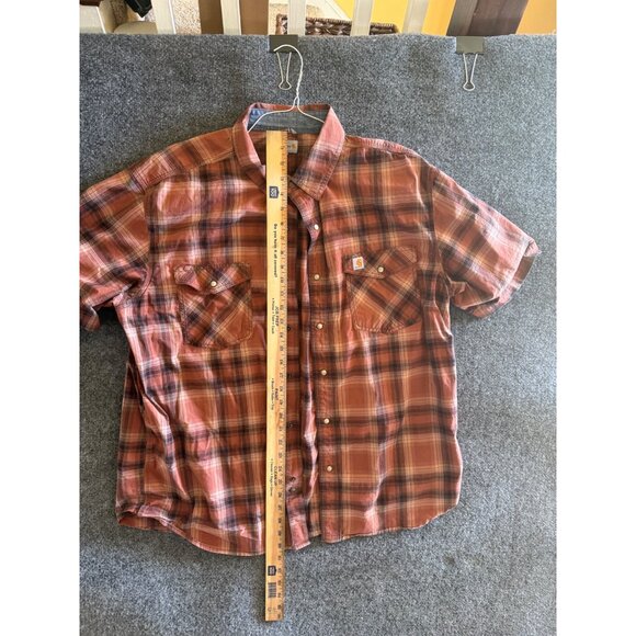 Carhartt Mens 2XL Relaxed Fit Plaid Short-Sleeve Button-Up Shirt Orange/Brown - Picture 8 of 10